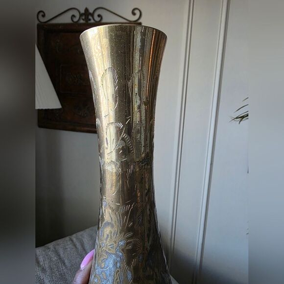 Vintage Brass Stem Bud Vase Tall Etched 11 1/4'H - Picture 8 of 9